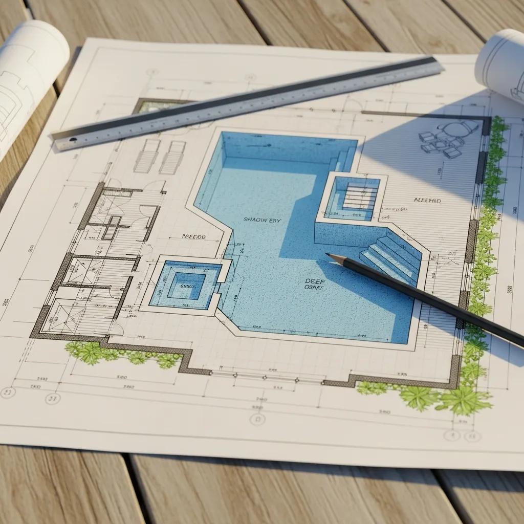 Your Guide to Pool Permits and Codes in North Texas 3 Architectural plan of a swimming pool layout with tools on a wooden table