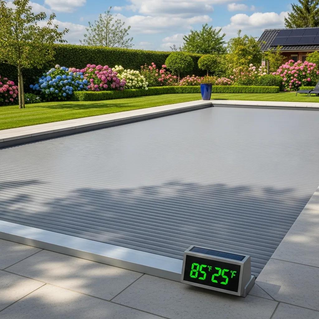 Protect Your Pool: The Efficiency of Safety Covers 3 Automated pool cover on a pool with a thermometer indicating warm water temperature