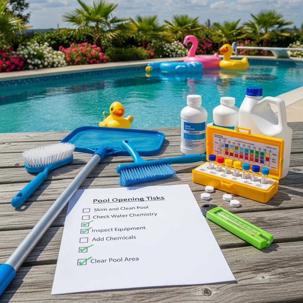 Open Your Pool This Summer: Ultimate Guide for North Texas 3 Checklist items for opening a pool in North Texas, including skimmer and test kit