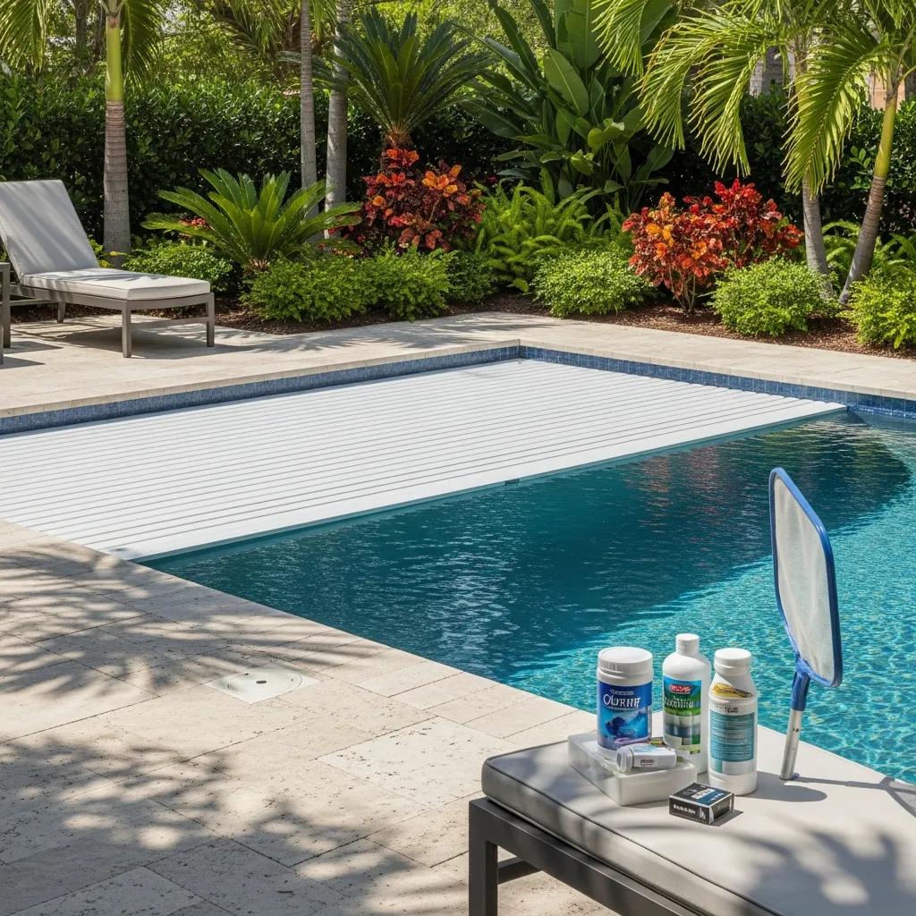 Protect Your Pool: The Efficiency of Safety Covers 4 Clean swimming pool with automated cover and pool maintenance supplies