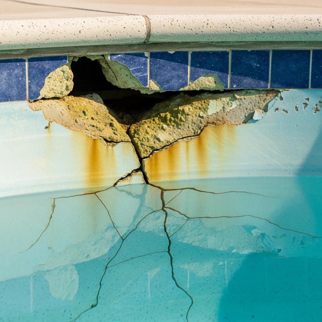 Essential Pool Upgrade FAQs for Smart Remodeling Decisions 3 Close-up of a pool showing visible cracks and stains indicating the need for renovation