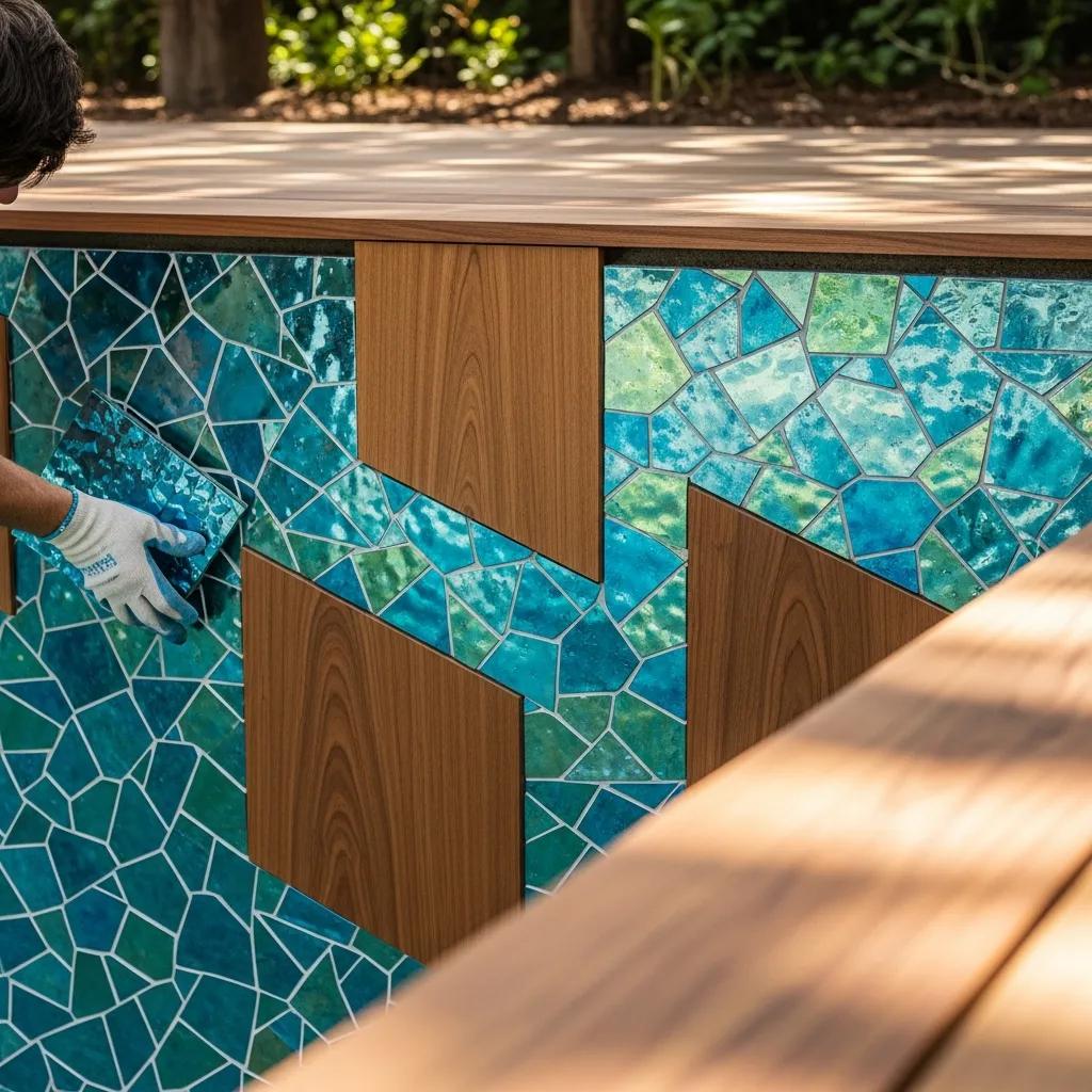 Close-up of eco-friendly pool materials like recycled glass tiles and sustainable timber