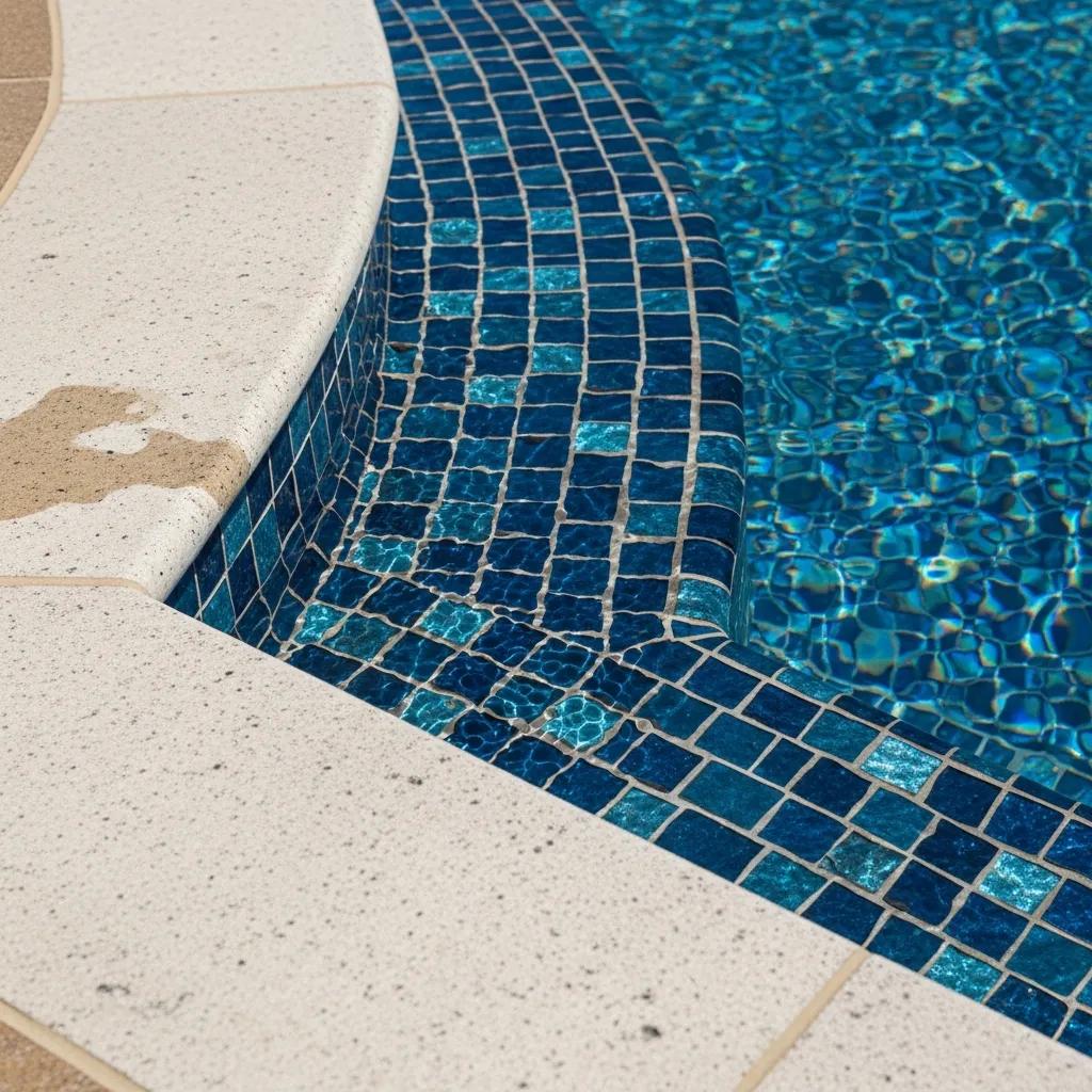 Close-up of pool tile and coping finishes enhancing pool aesthetics