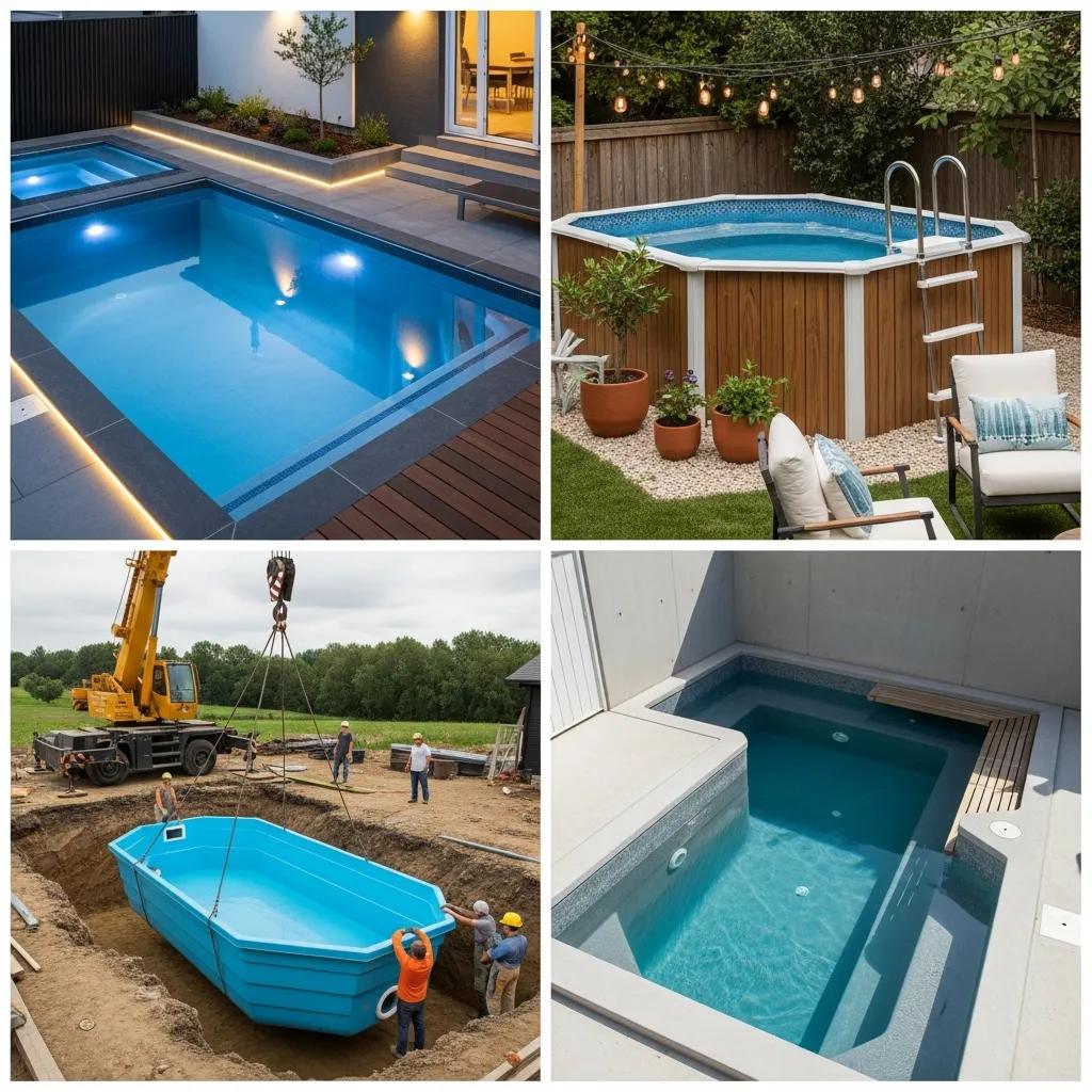 Get Informed: Plunge Pool Info You Need to Know 3 Collage of various types of plunge pools: in-ground, above-ground, fiberglass, and concrete