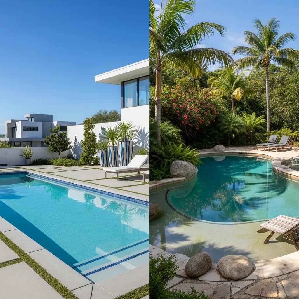 Custom Pools in Celina: Elevate Your Backyard Experience 3 Comparison of geometric and freeform swimming pools in attractive outdoor settings