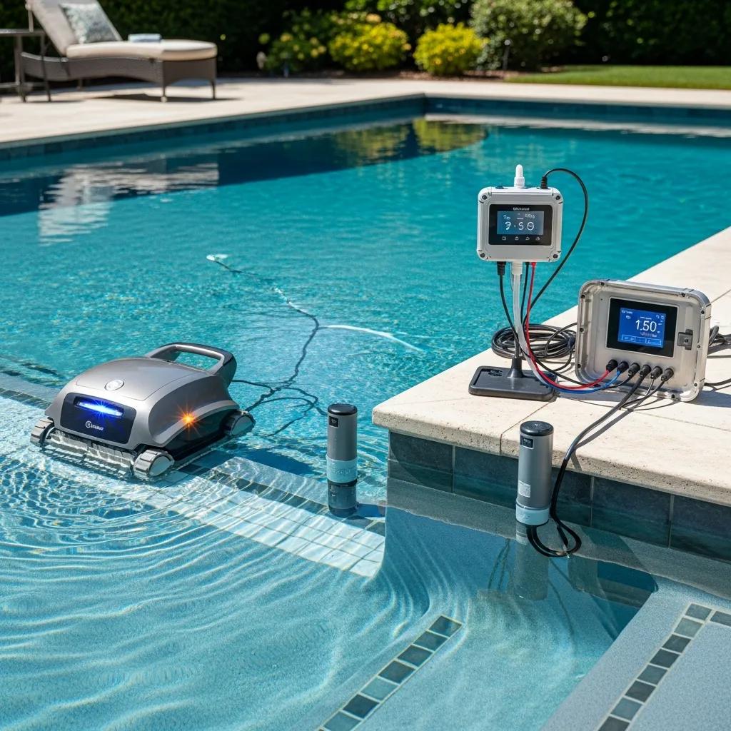 Effortless Pool Management with Smart Pool Systems 3 Components of a smart pool system including controllers, sensors, and a robotic cleaner in a clean pool environment
