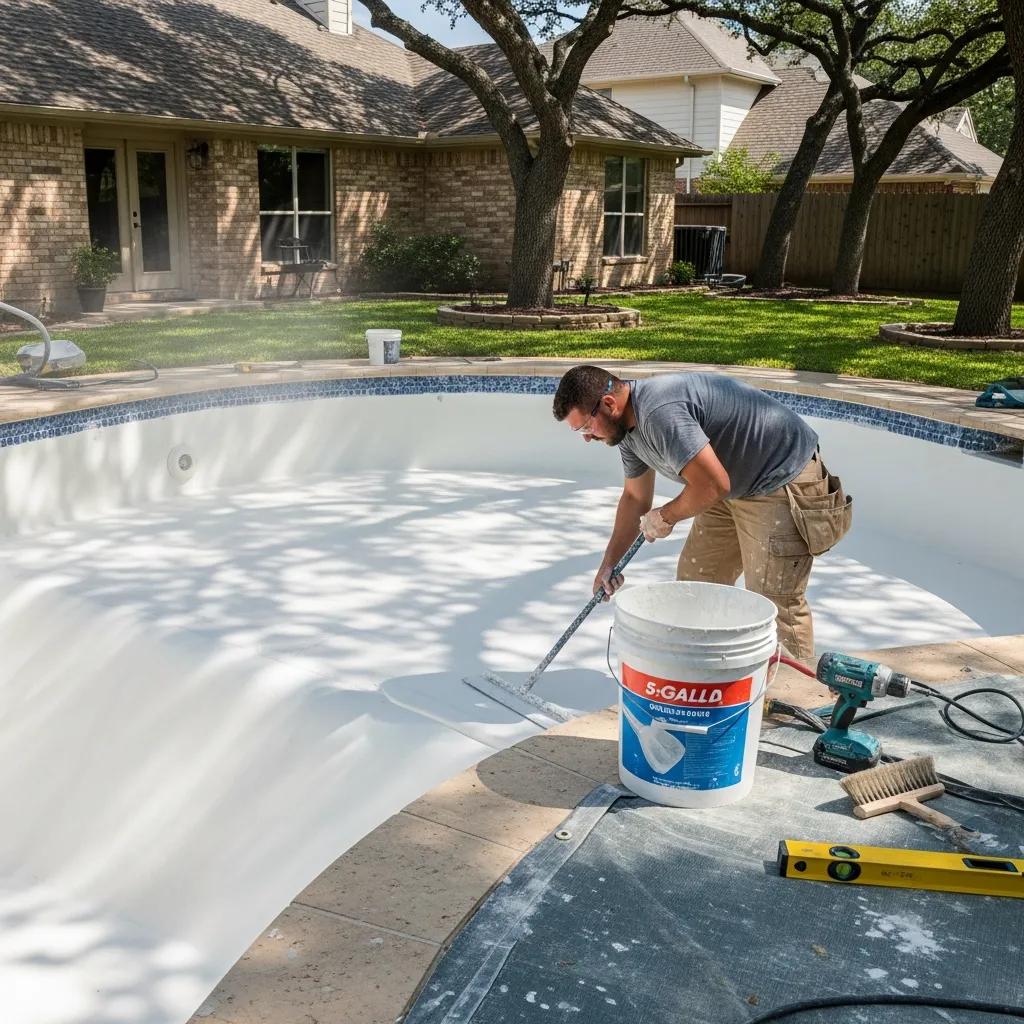 Complete Pool Renovation Guide for North Texas Homeowners 3 Contractor applying resurfacing material to a swimming pool in a residential backyard