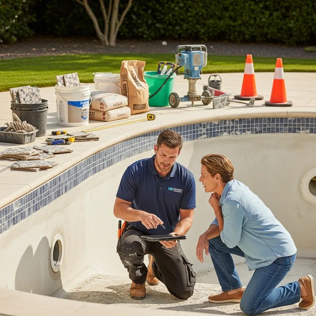 Essential Pool Upgrade FAQs for Smart Remodeling Decisions 4 Contractor discussing pool renovation plans with a homeowner, showcasing the renovation process