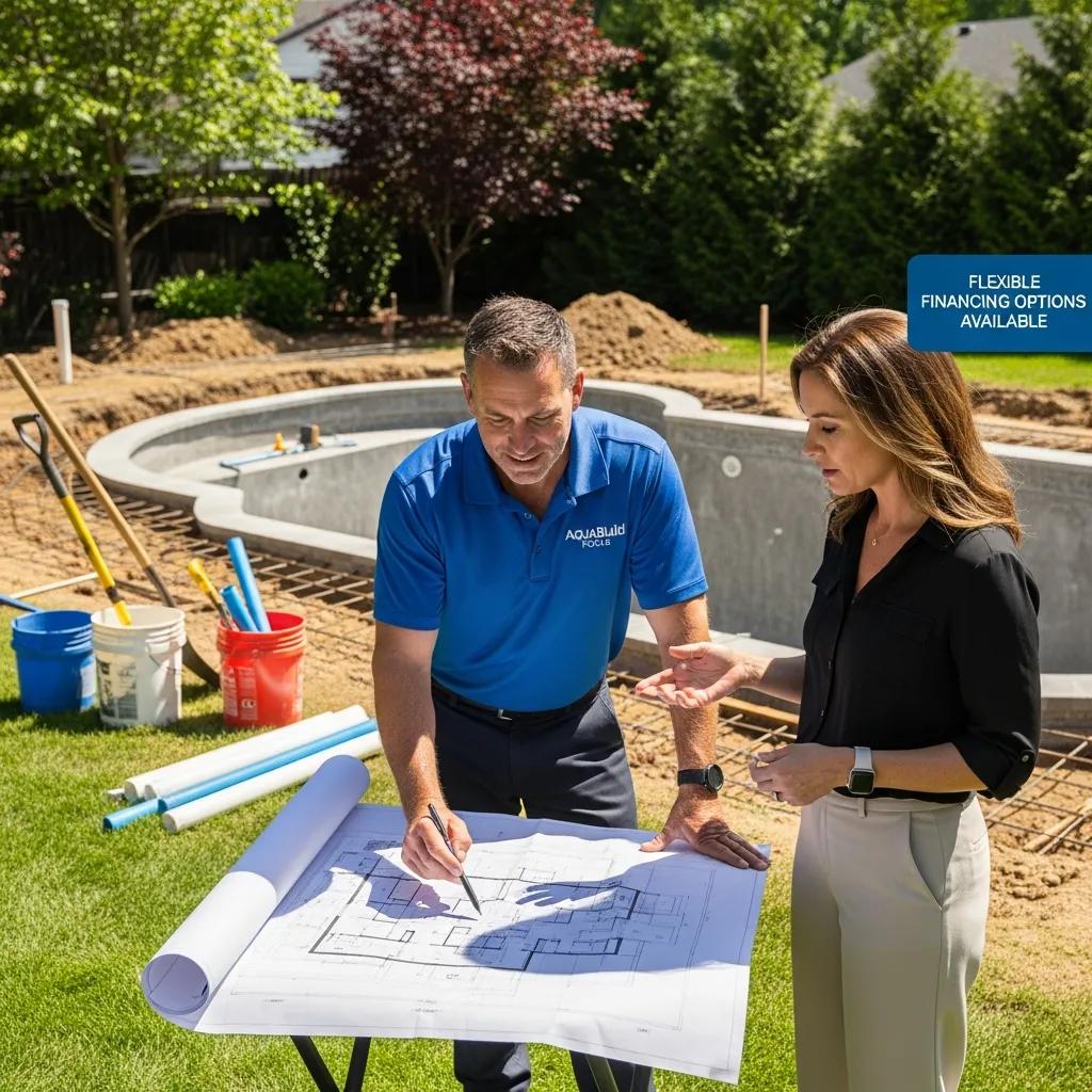 Find the Best Financing Solutions for Your Custom Pool 4 Contractor explaining pool installation options to a homeowner, highlighting contractor financing programs