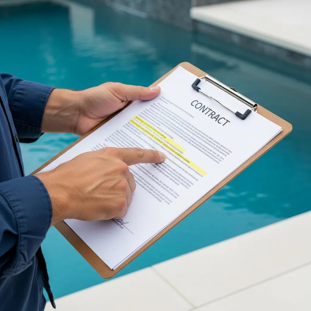 Your Guide to Pool Permits and Codes in North Texas 4 Contractor reviewing pool construction contract with a swimming pool in the background
