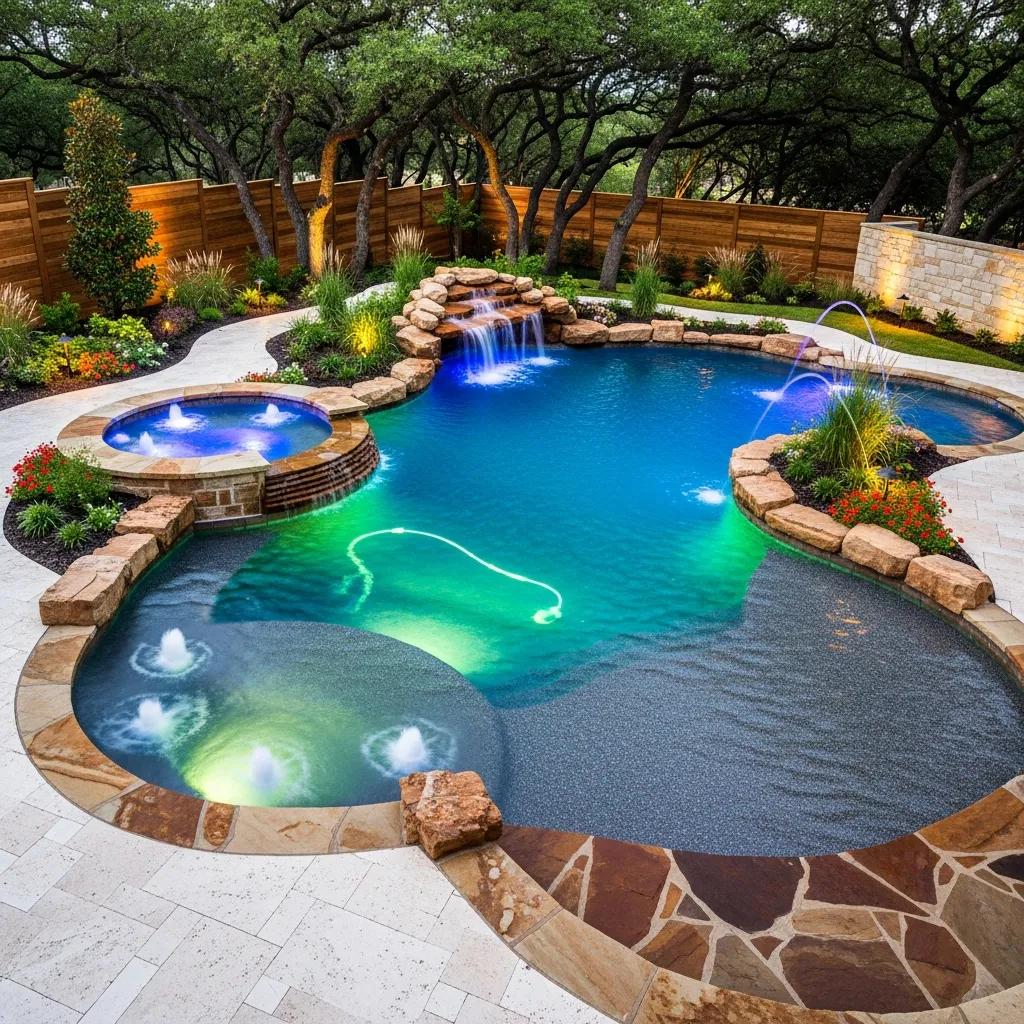 Custom inground pool with luxury features like a waterfall and built-in spa in Flower Mound