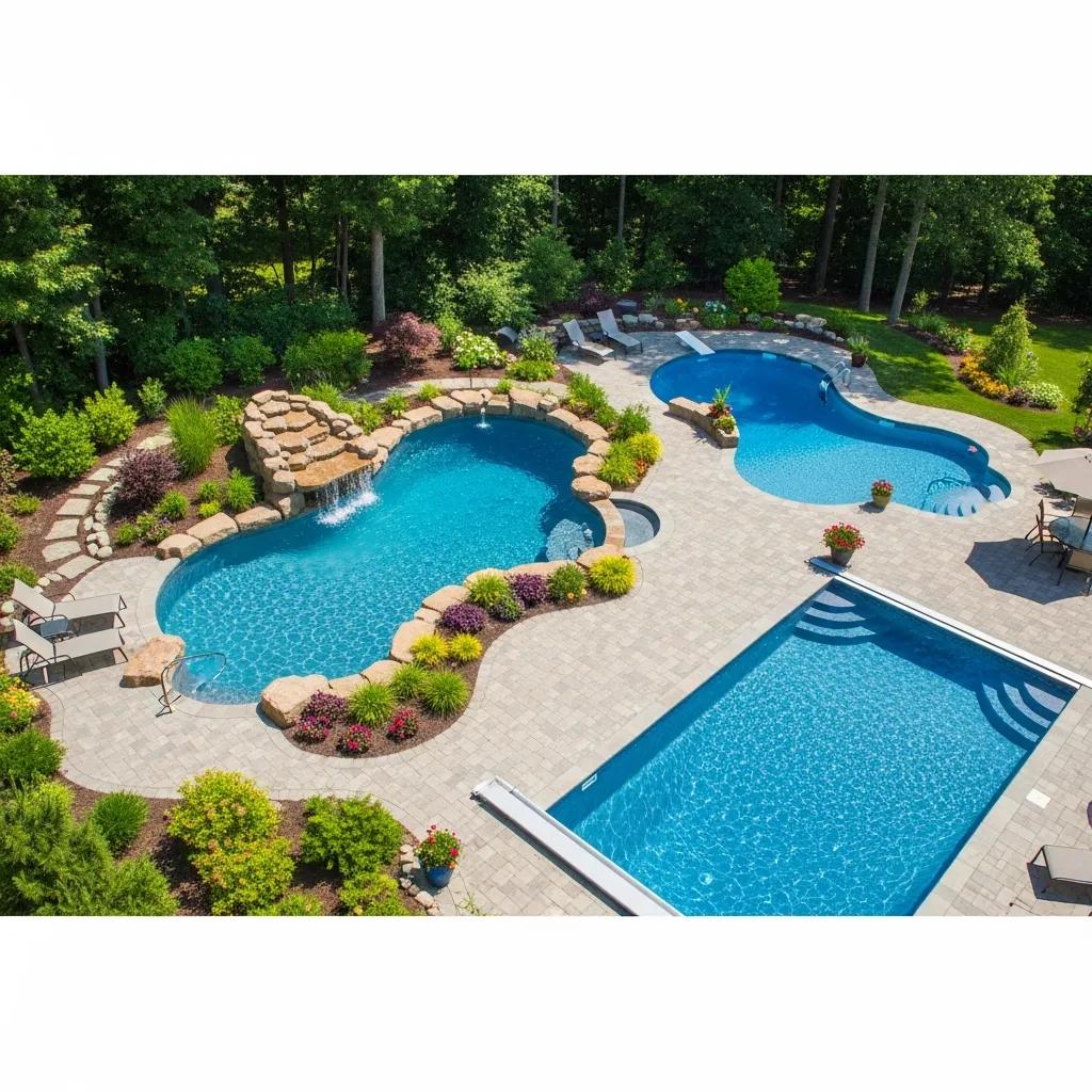 Custom Pools Carrollton: Design Your Dream Oasis Today 3 Different types of custom pools in a sunny backyard, highlighting their unique features
