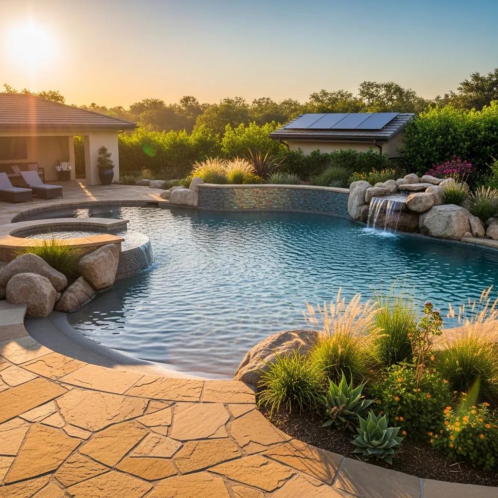 Eco-friendly pool design with sustainable materials and native plants