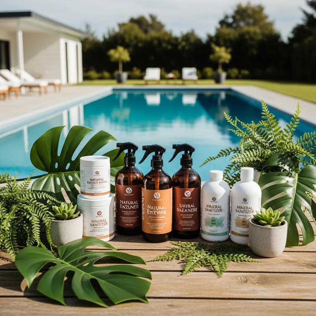 Understanding Pool Water Chemistry: pH Levels Explained 4 Eco-friendly pool products including natural enzymes and mineral-based sanitizers, promoting sustainable pool maintenance