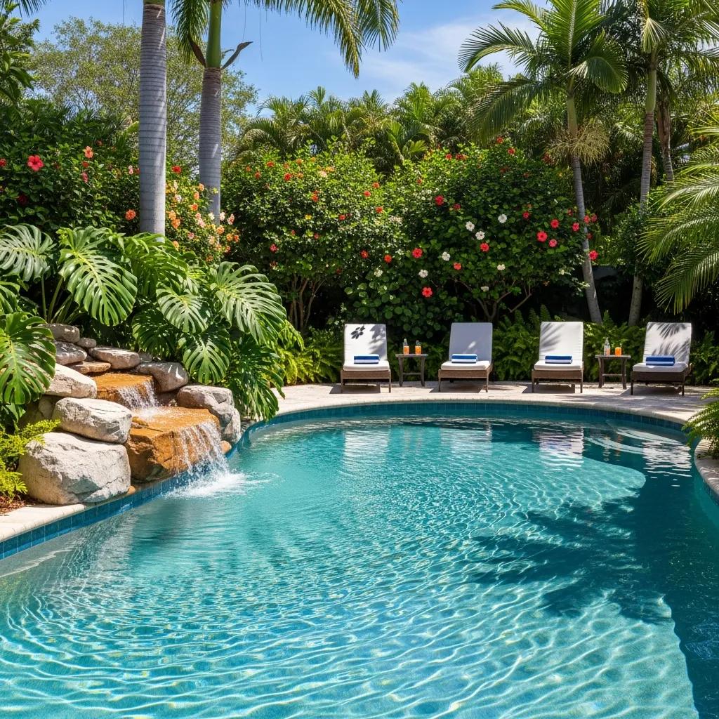 Elegant luxury pool with waterfall and tropical plants enhancing backyard oasis