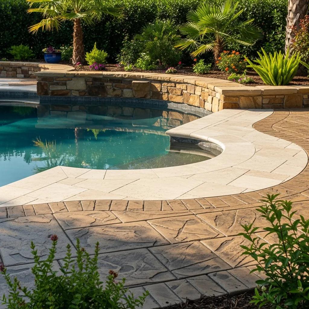 Create Stunning Outdoor Aesthetics with Pool Landscaping 4 Elegant pool deck showcasing natural stone and travertine materials