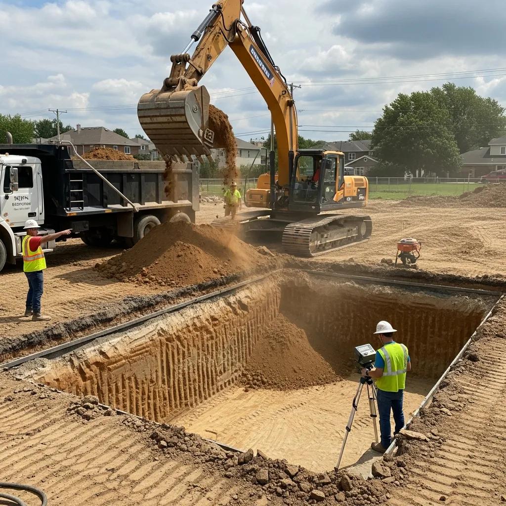 Excavation process for inground pool with heavy machinery and construction workers