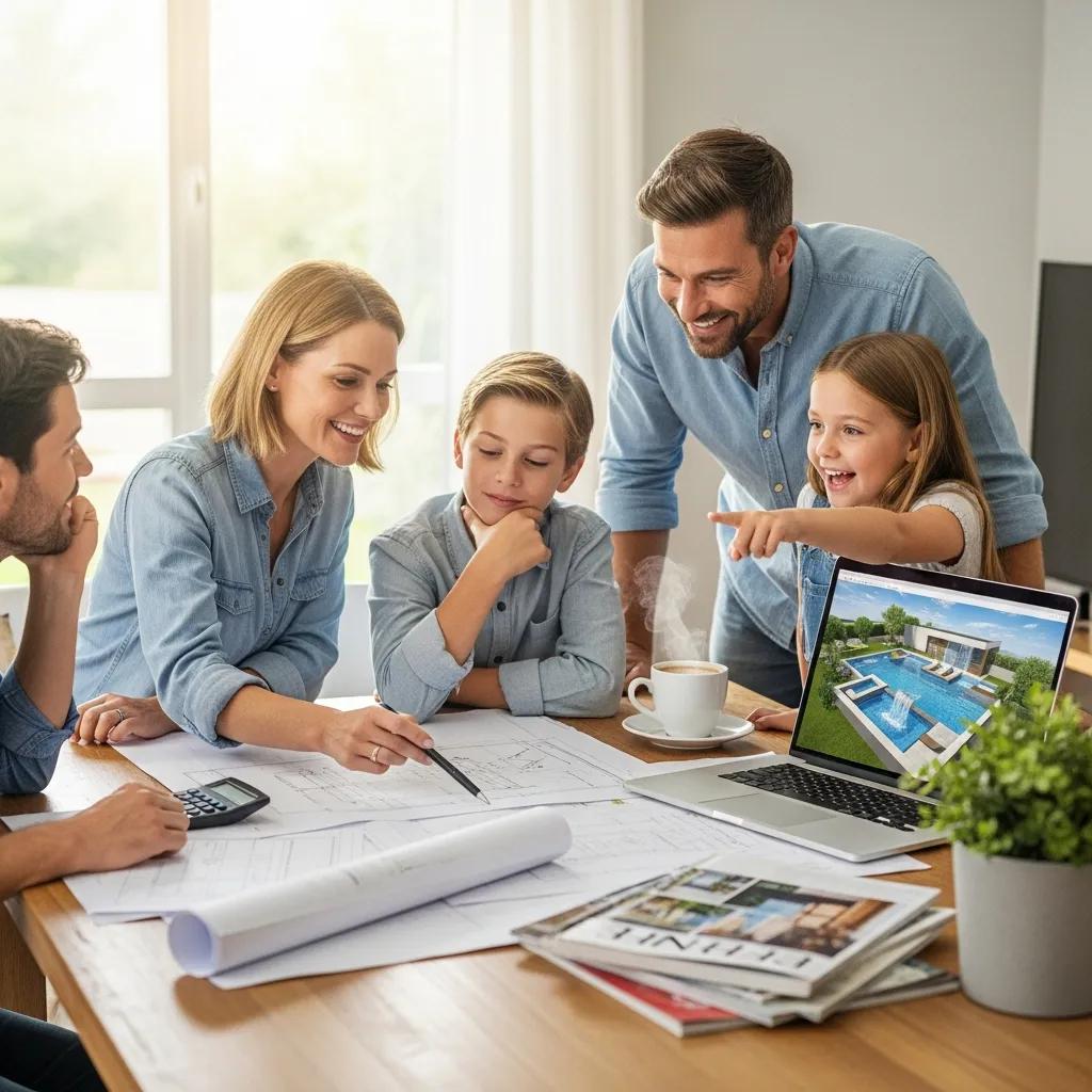 Family discussing custom pool construction costs and financing options