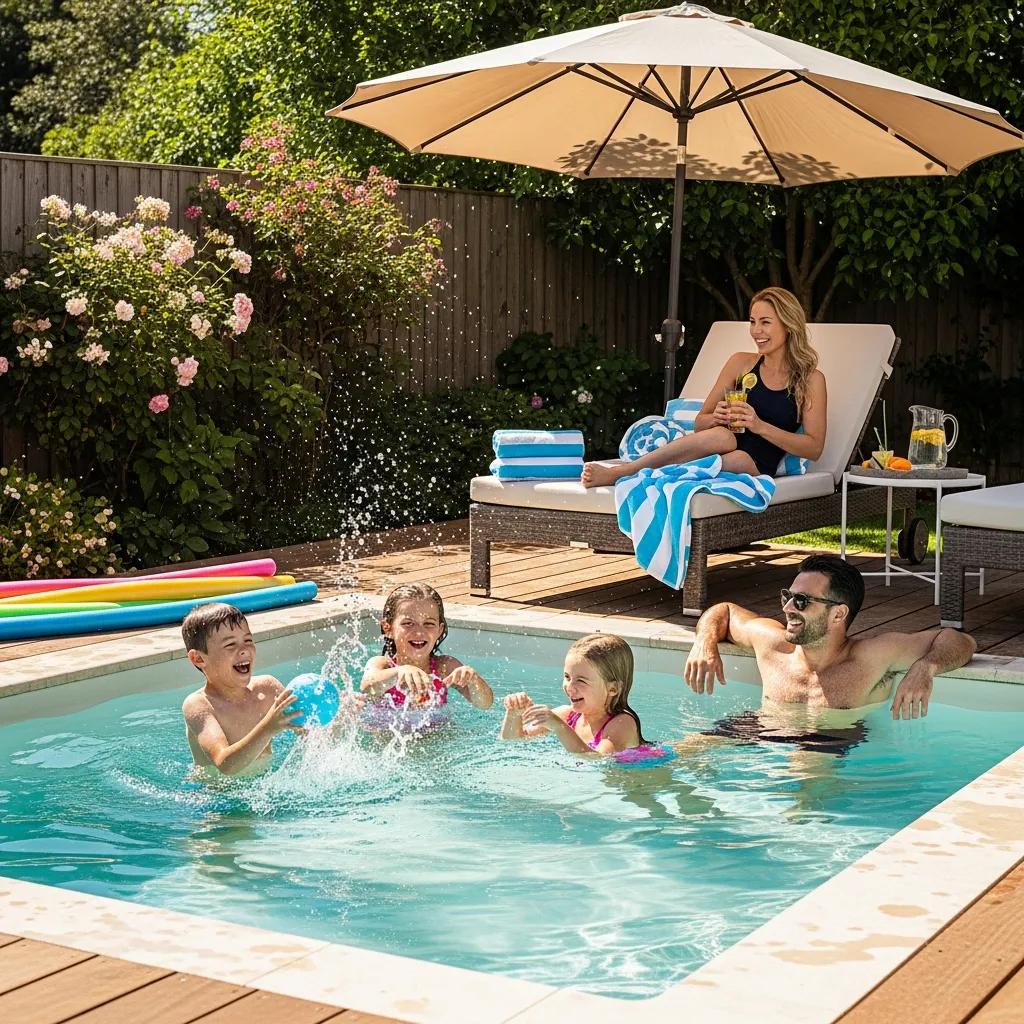 Explore Small Pool Benefits: Why Choose a Plunge Pool? 3 Family enjoying a plunge pool, highlighting relaxation and wellness benefits