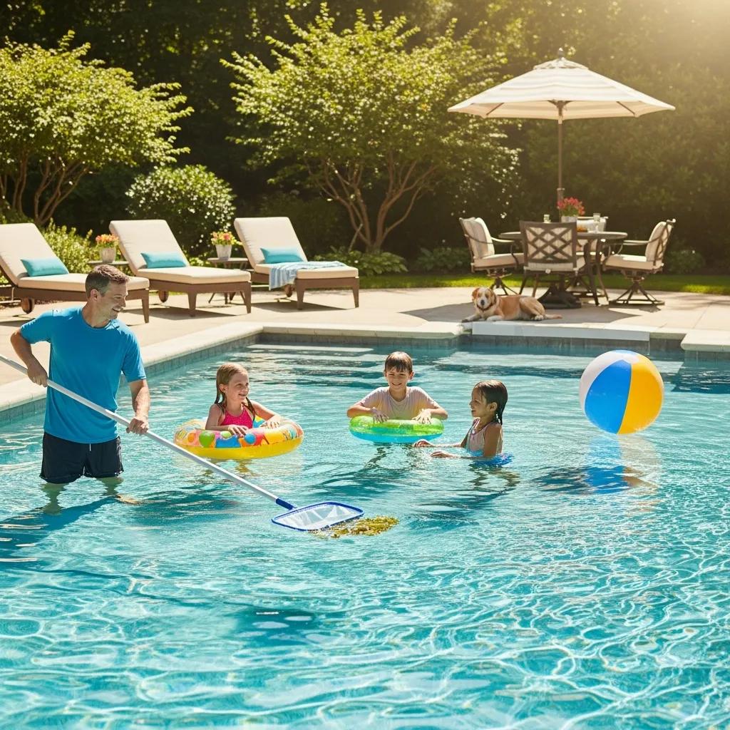 Affordable Pool Construction Cost in North Texas Explained 4 Family enjoying their pool while maintaining it, showcasing long-term ownership benefits