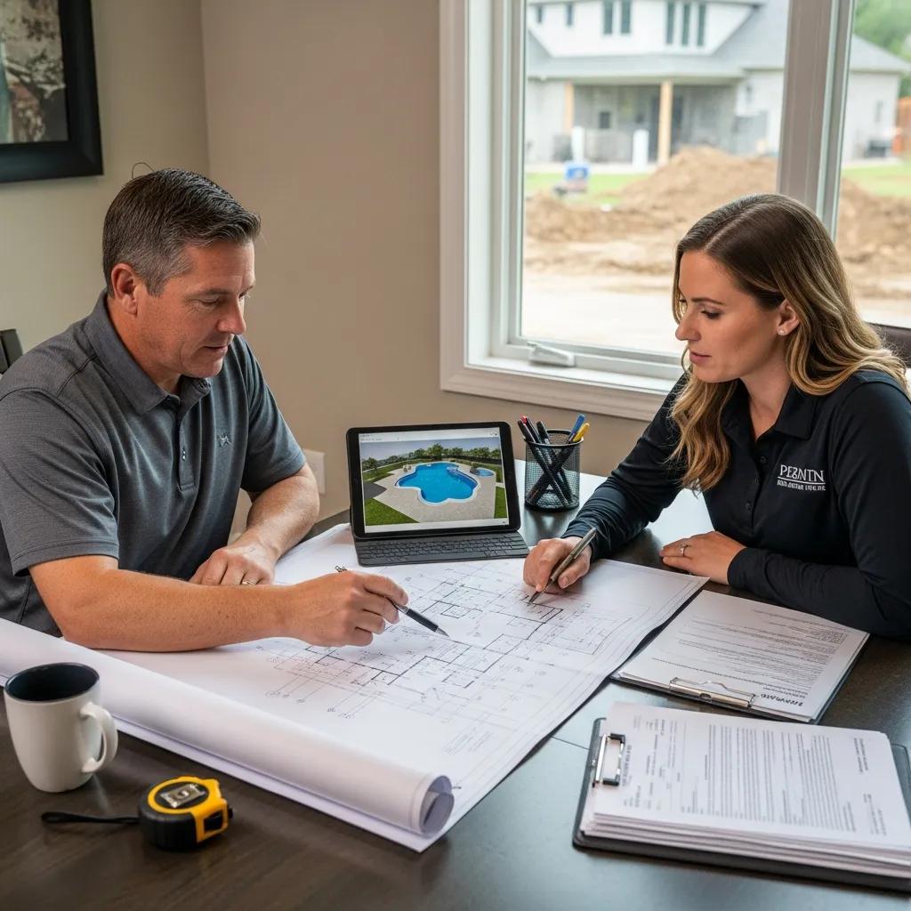 Transform Your Yard: Custom Pool Planning Strategies 3 Homeowner and contractor discussing pool permitting requirements and regulations