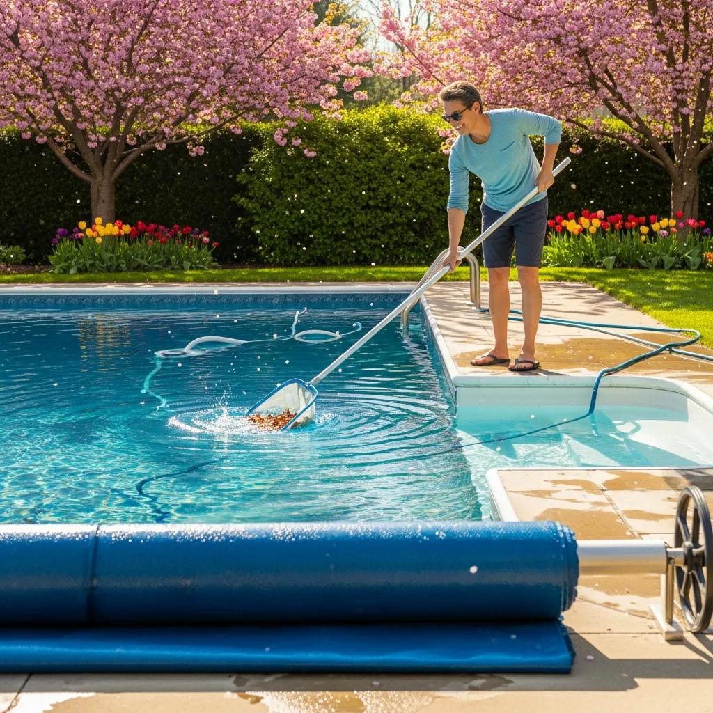 Seasonal Pool Care: North Texas Tips for Your Pool 3 Homeowner cleaning a pool for spring opening, showcasing tools and blooming flowers