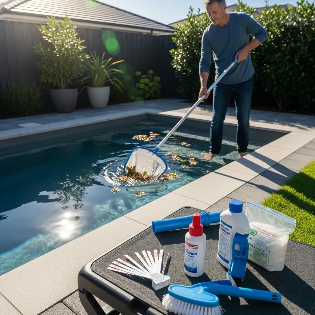 Get Informed: Plunge Pool Info You Need to Know 4 Homeowner maintaining a plunge pool with cleaning tools and water testing equipment