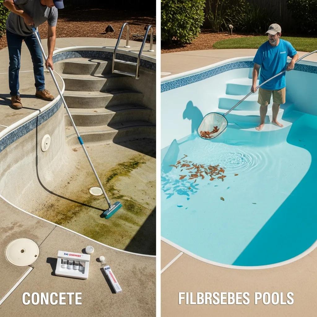 Homeowner performing maintenance on concrete and fiberglass pools, highlighting maintenance differences