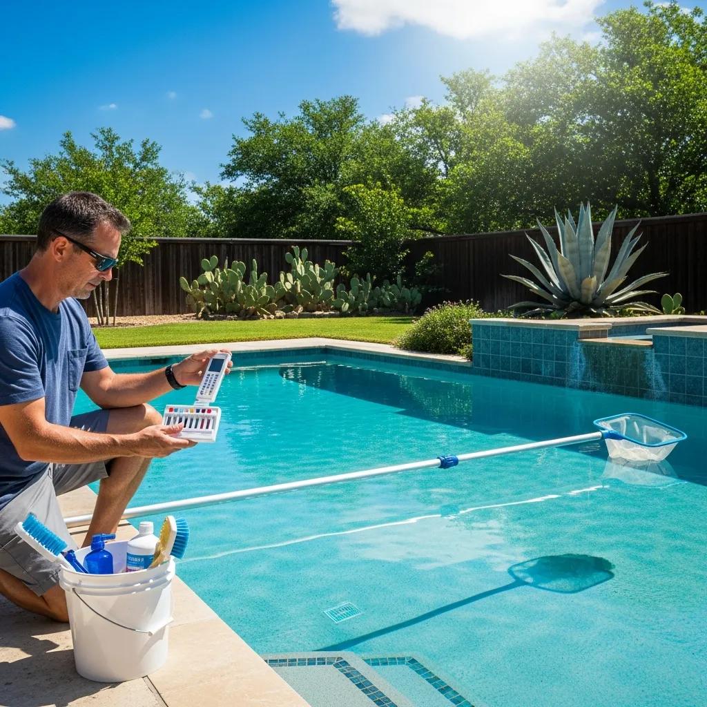 Choose the Best Pool Builder in North Texas: Your Guide 4 Homeowner performing seasonal maintenance on a sparkling pool in North Texas
