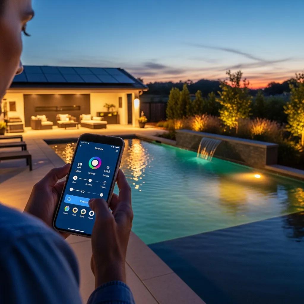 Homeowner using smartphone to control smart pool technology in a modern pool setting
