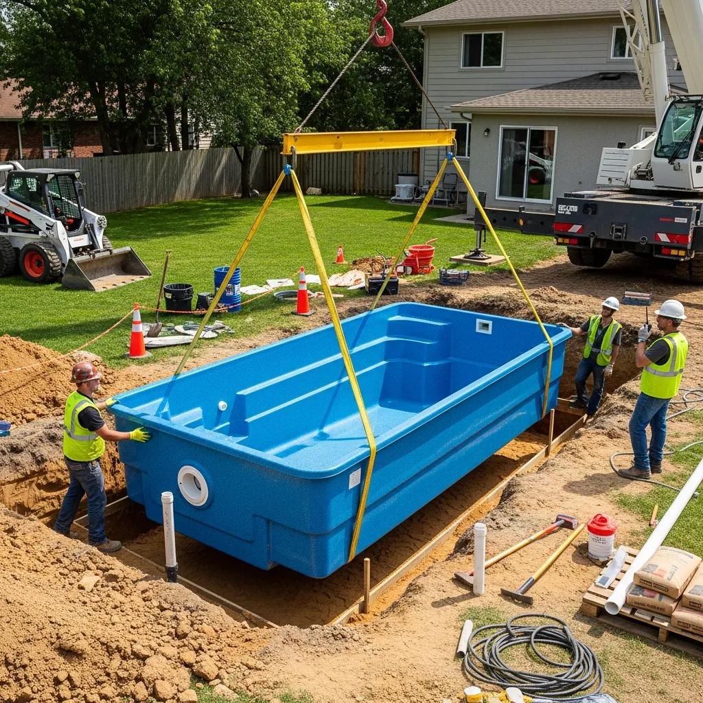 Experience 'Swim in Days': Fast Pool Installation Benefits 3 Installation of a fiberglass pool showcasing the quick setup process in a residential backyard
