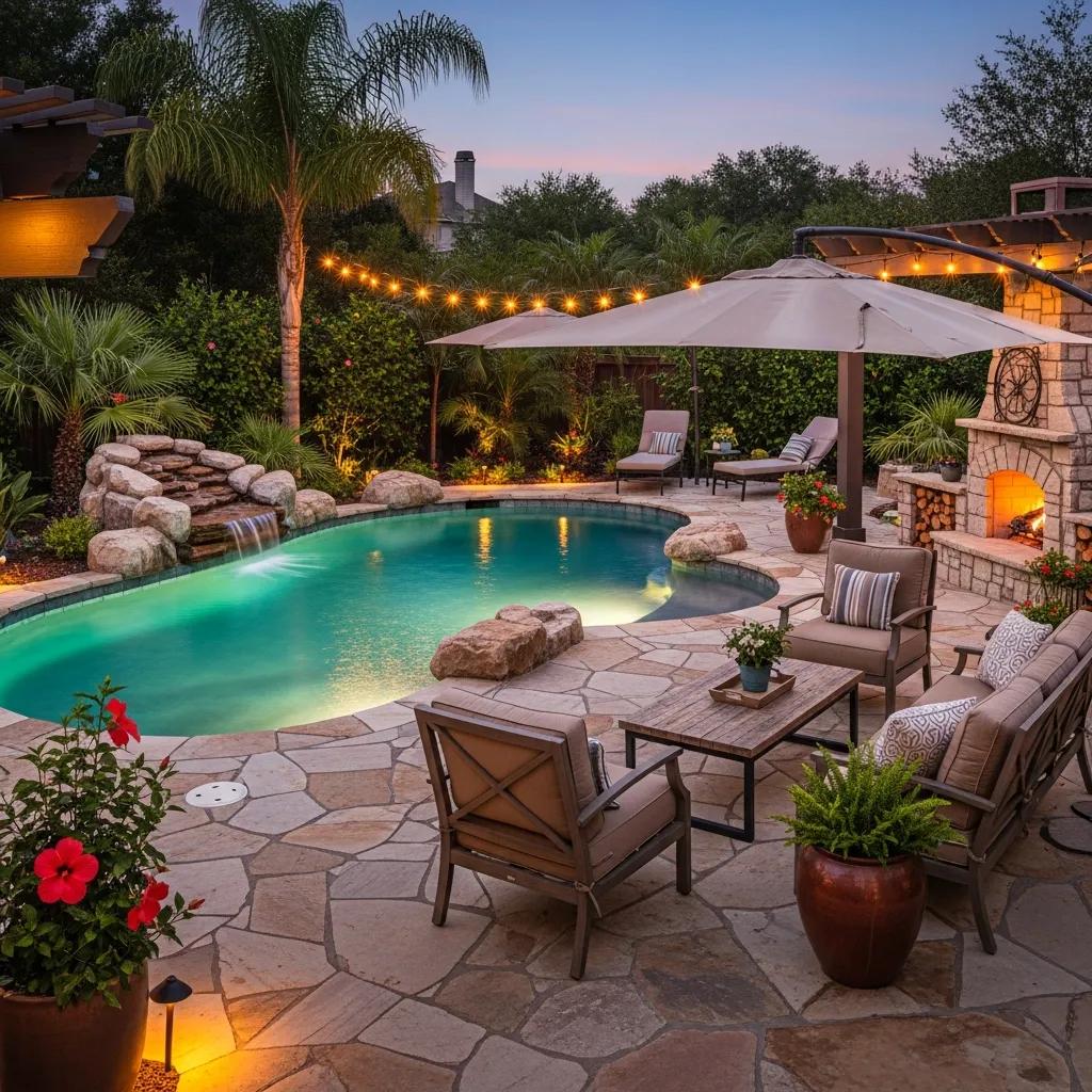 Design Your Dream Pool with Our AI Pool Design Simulator 4 Integrated backyard oasis featuring a swimming pool and outdoor living spaces