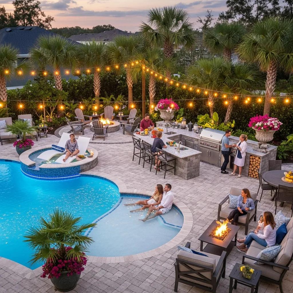Custom Pools Lewisville: Design Your Dream Oasis Today 3 Integrated outdoor living space featuring a custom pool, patio, outdoor kitchen, and fire pit