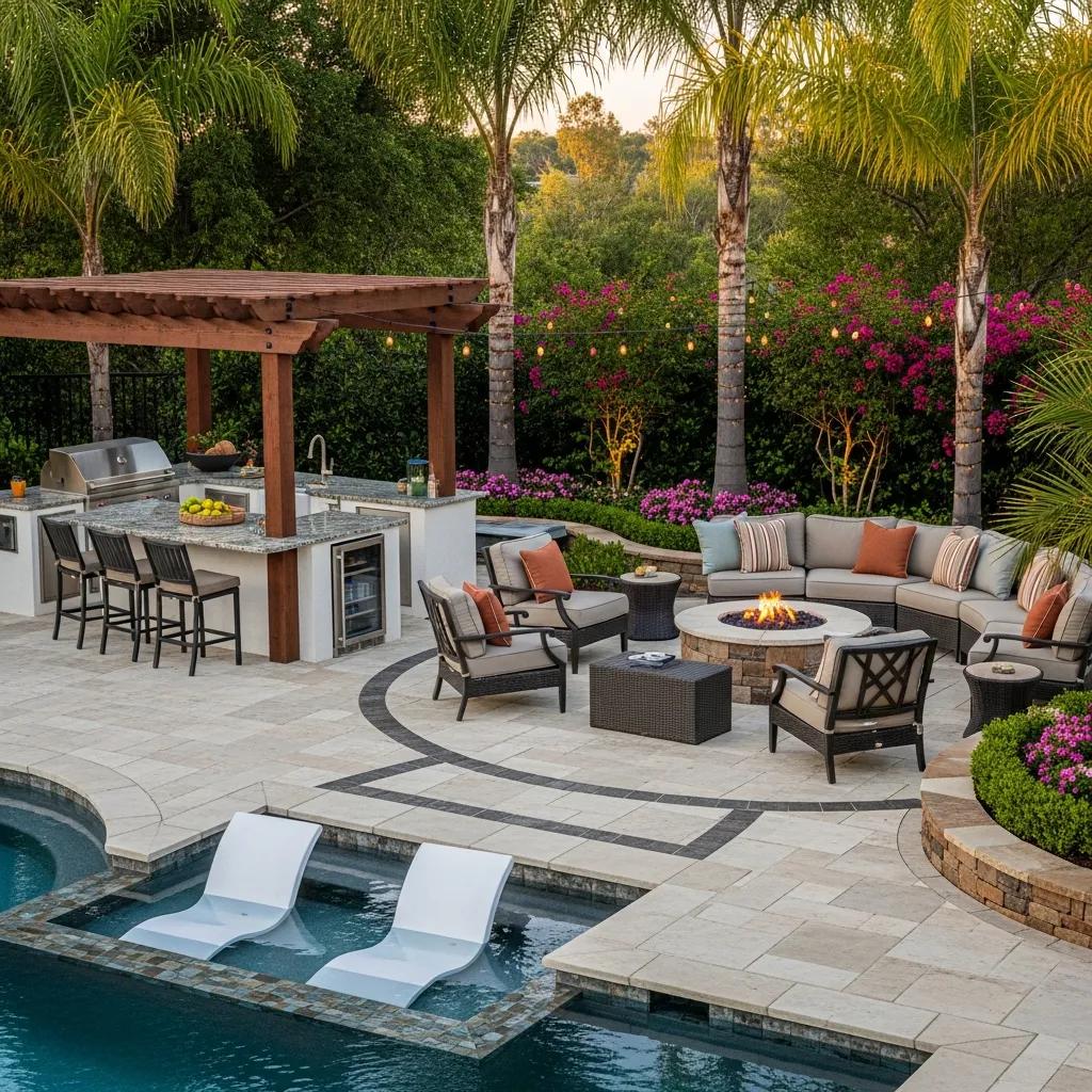 Inviting outdoor living space with kitchen and fire pit integrated with a custom pool