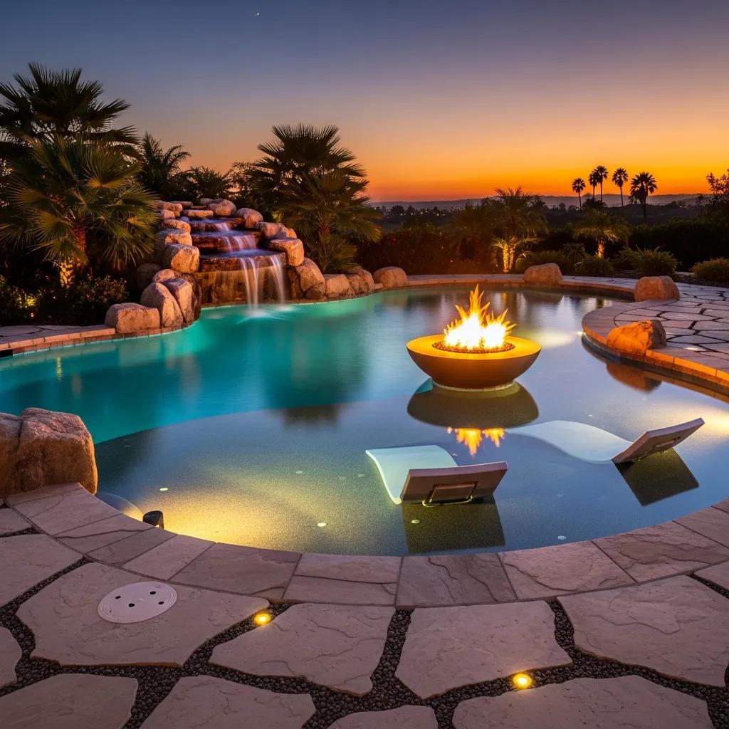 Custom Pools Carrollton: Design Your Dream Oasis Today 4 Luxurious pool features including a waterfall and fire pit, enhancing outdoor relaxation