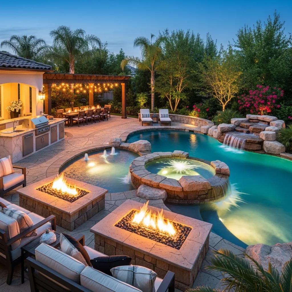 Trusted Pool Builders in Argyle, Texas - Custom Pools Argyle 3 Luxurious pool with integrated spa and waterfall in a beautifully landscaped outdoor space