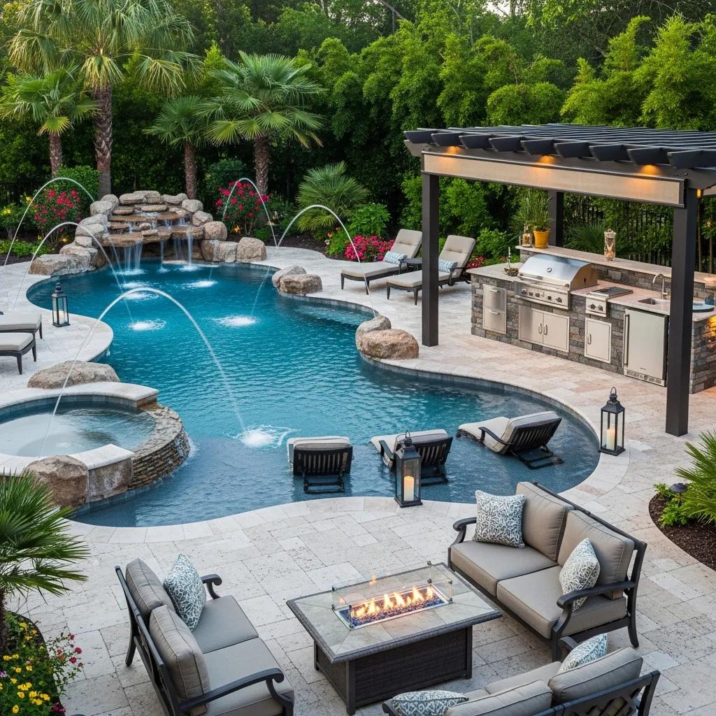 Denton Luxury Pools: Crafting Stunning Outdoor Experiences 4 Luxurious pool with spas and water features in a stylish outdoor kitchen setting