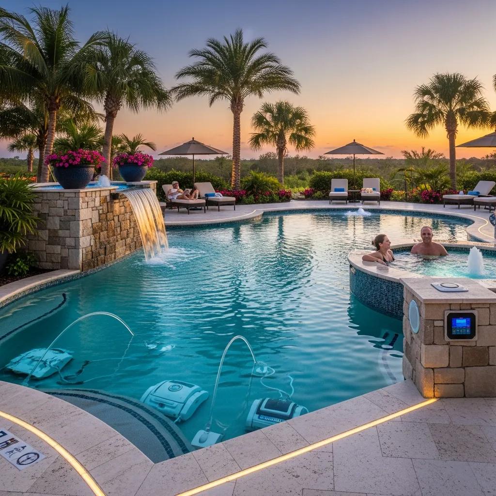 Custom Pools Lewisville: Design Your Dream Oasis Today 4 Luxury pool features including a spa, waterfall, and automated systems in a serene setting