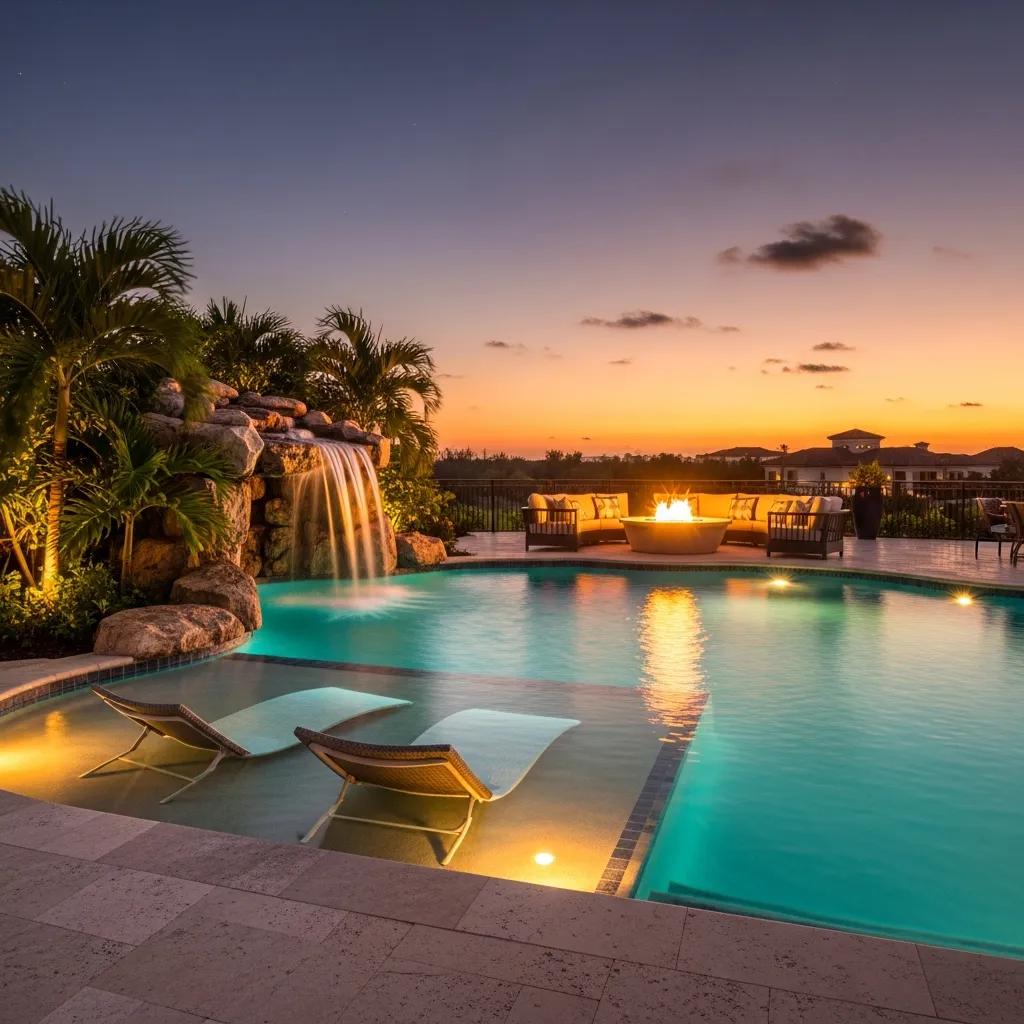 Discover Top-Rated Pool Builders for Luxury Pools in Irving 4 Luxury swimming pool with waterfall, fire pit, and tanning ledge, enhancing outdoor relaxation