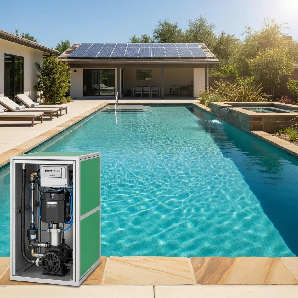 Modern pool with energy-efficient technologies like solar panels and variable-speed pump