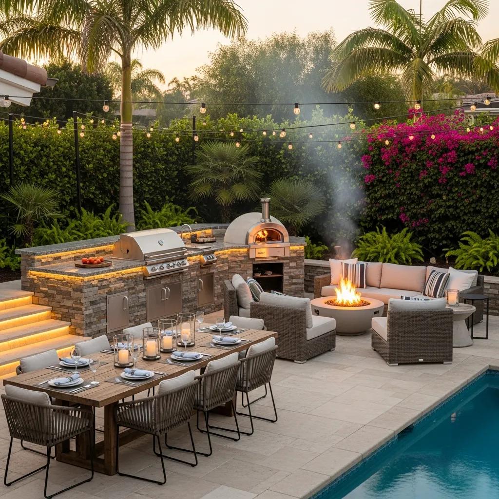 Outdoor kitchen and patio area next to a luxury pool, designed for entertaining and relaxation