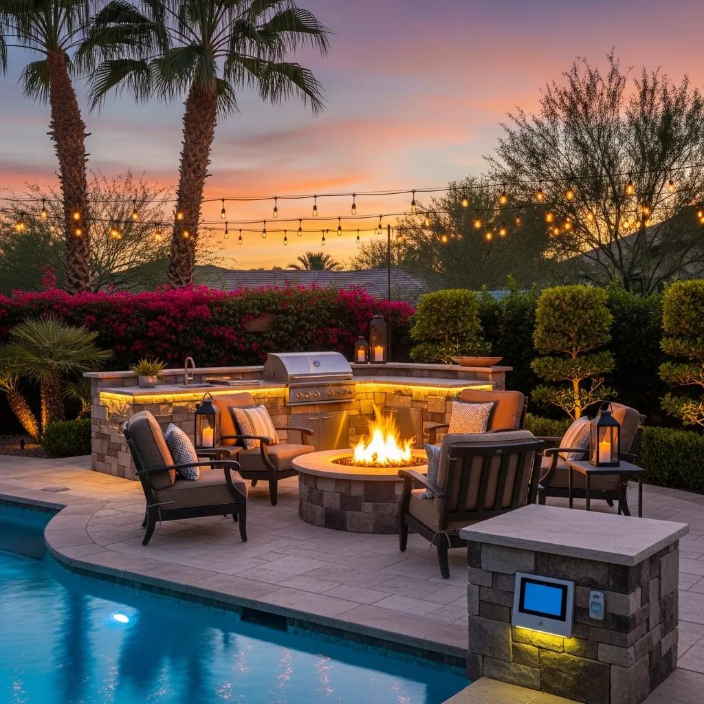 Custom Pools in Celina: Elevate Your Backyard Experience 4 Outdoor living features including a kitchen and fire pit complementing a luxury pool in Celina, Texas