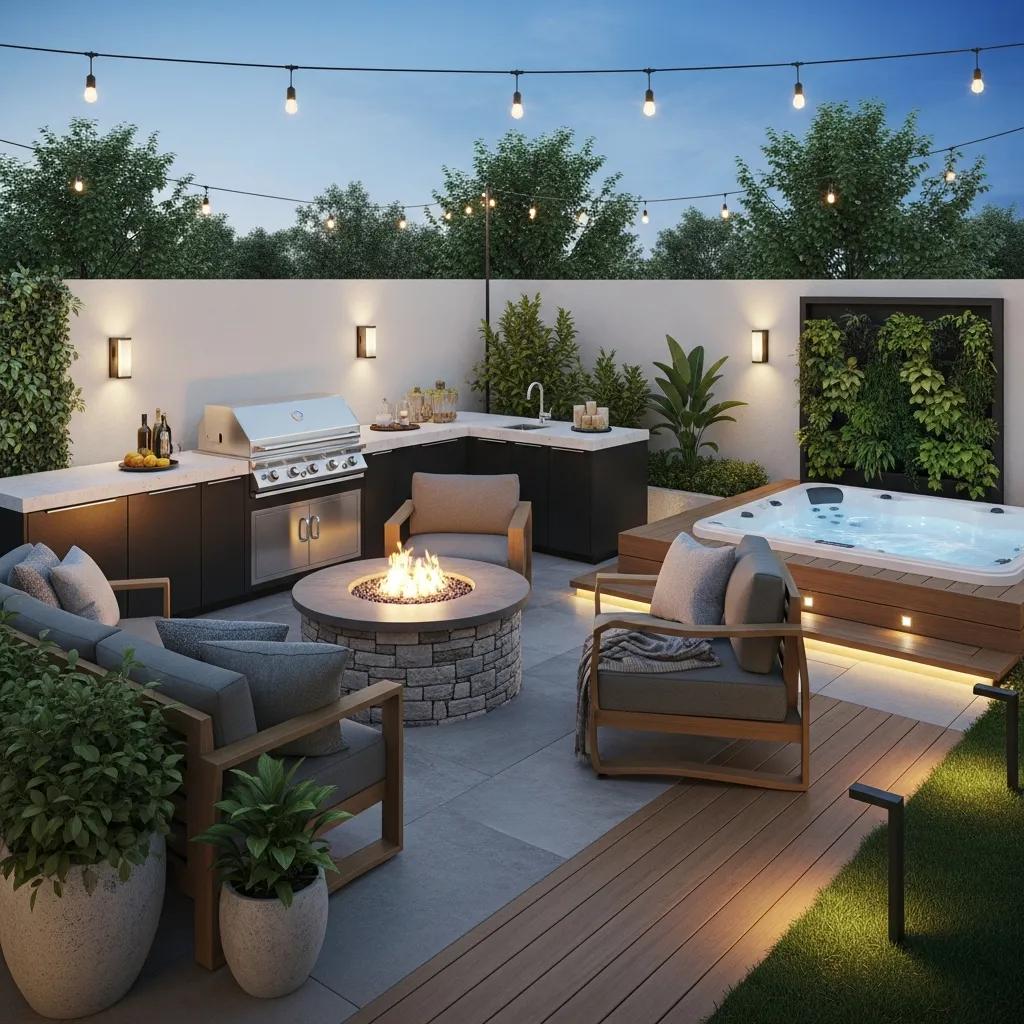 Outdoor living space with kitchen, fire pit, and spa in a beautifully landscaped area