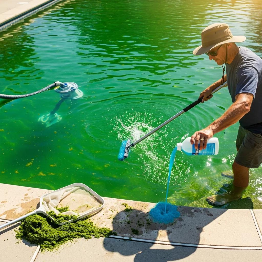 Quick Fixes for Common Pool Problems: Leak Detection Guide 4 Person applying algaecide to a green pool with visible algae and cleaning tools