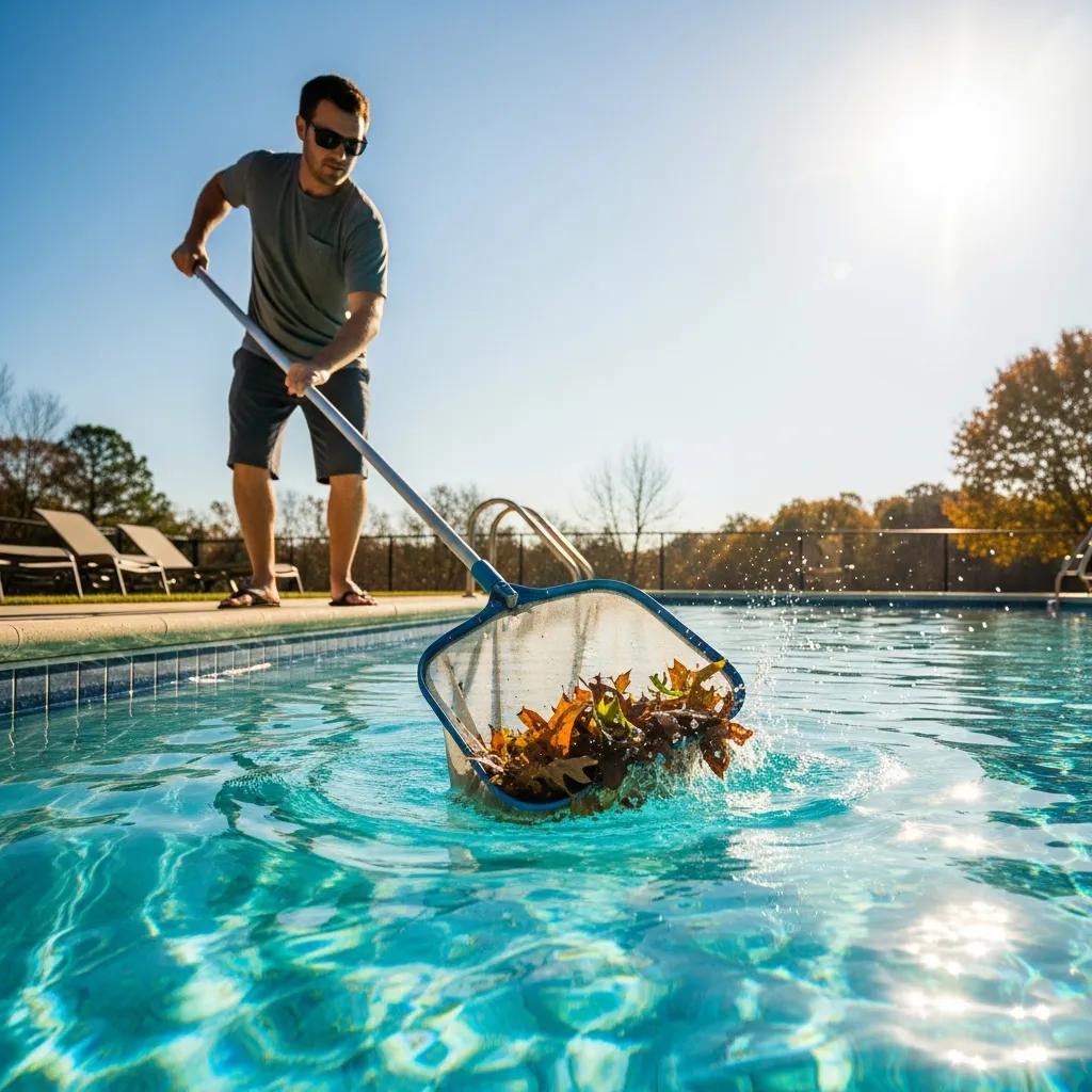 Essential Pool Winterization Tips for North Texas Homeowners 3 Person cleaning pool with skimmer before winterization