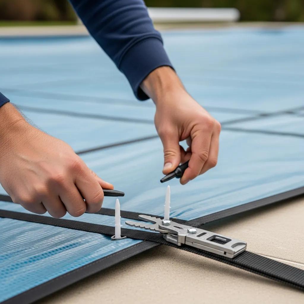 Essential Pool Winterization Tips for North Texas Homeowners 4 Person installing pool cover with anchors and straps for winter protection