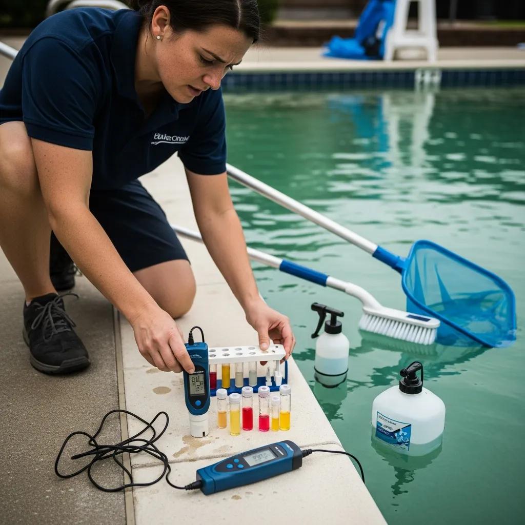 Quick Fixes for Common Pool Problems: Leak Detection Guide 3 Person testing cloudy pool water with a testing kit and maintenance tools