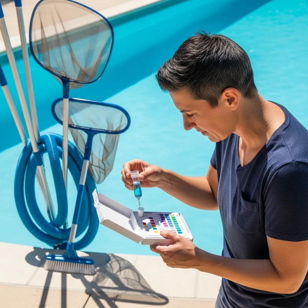 New Pool Owners: Key Maintenance Questions to Consider 3 Person testing pool water with a test kit, highlighting weekly maintenance practices for pool owners
