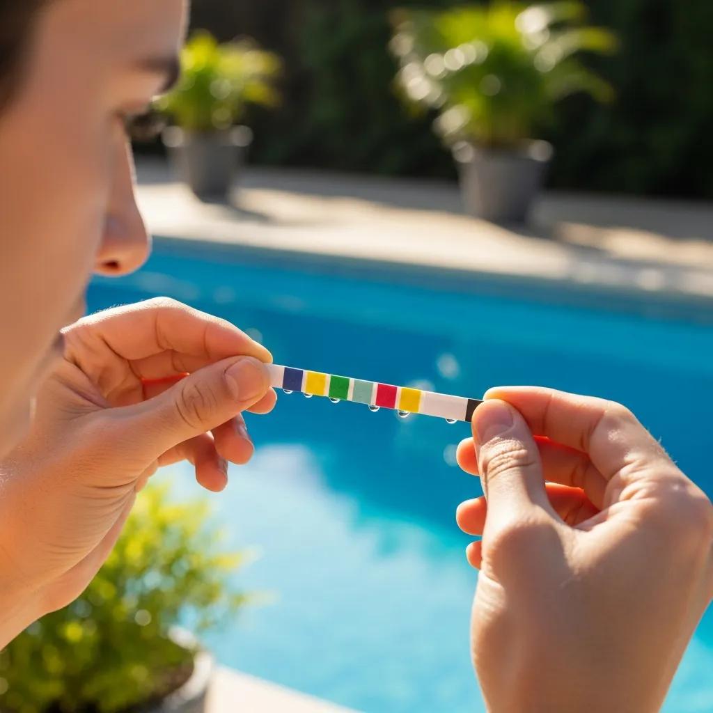Understanding Pool Water Chemistry: pH Levels Explained 3 Person testing pool water with a test strip, emphasizing the importance of accurate chemical level monitoring
