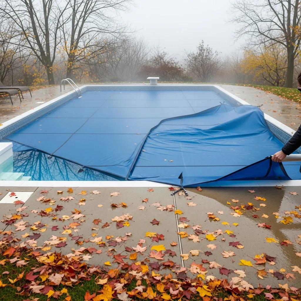 Seasonal Pool Care: North Texas Tips for Your Pool 4 Pool being covered for winter with autumn leaves around, emphasizing seasonal maintenance